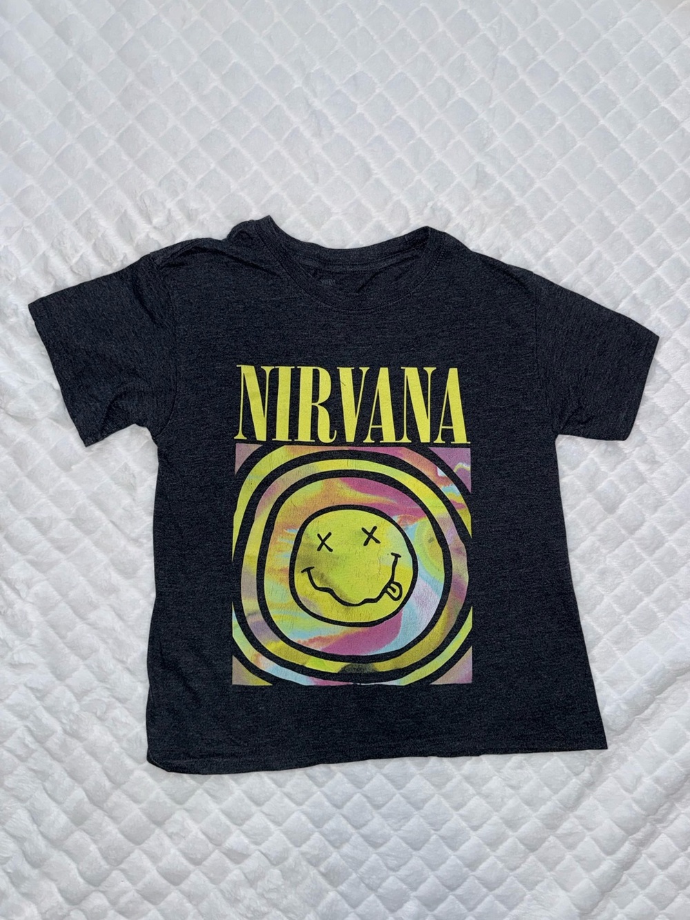 Nirvana Womens Dark Gray Graphite Graphic Tee with Yellow Logo Smiley